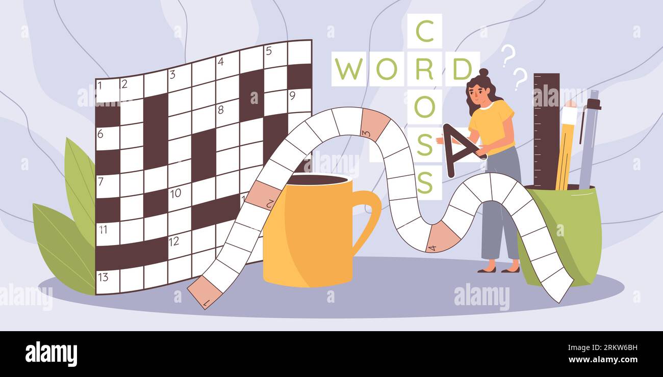 Crossword sudoku flat composition with female character holding letter with cells and stationery items pencils pens vector illustration Stock Vector