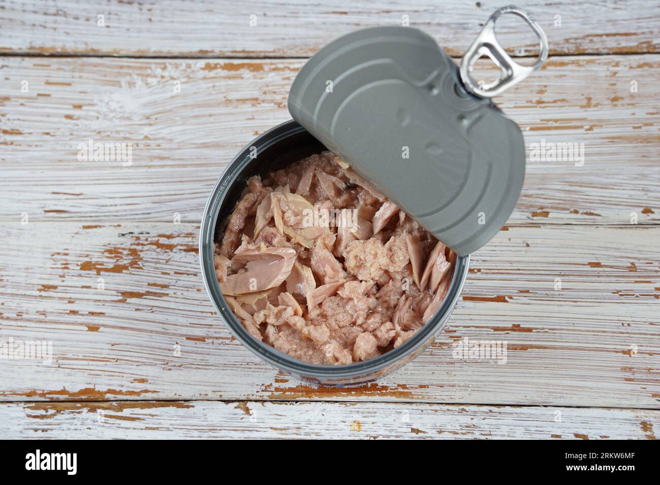 Canned Tuna ,  Fish Chunks in Open Tin Can, Tuna Oil Preserve, Seafood Conserve Stock Photo