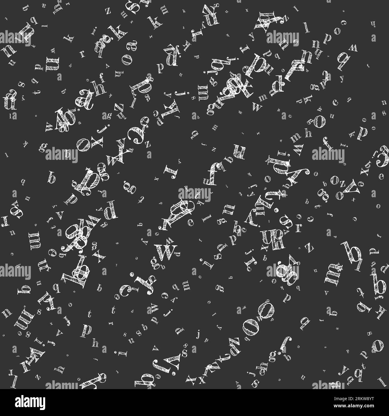 Concept of school background. White chalk falling letters of English language. Foreign languages