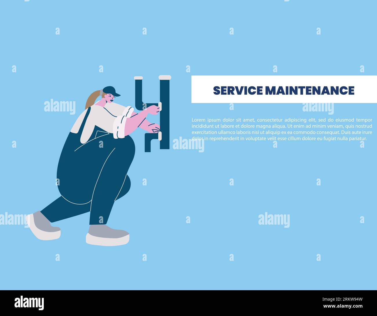 Woman plumber making a pipe repair vector illustration for web design. Stock Vector