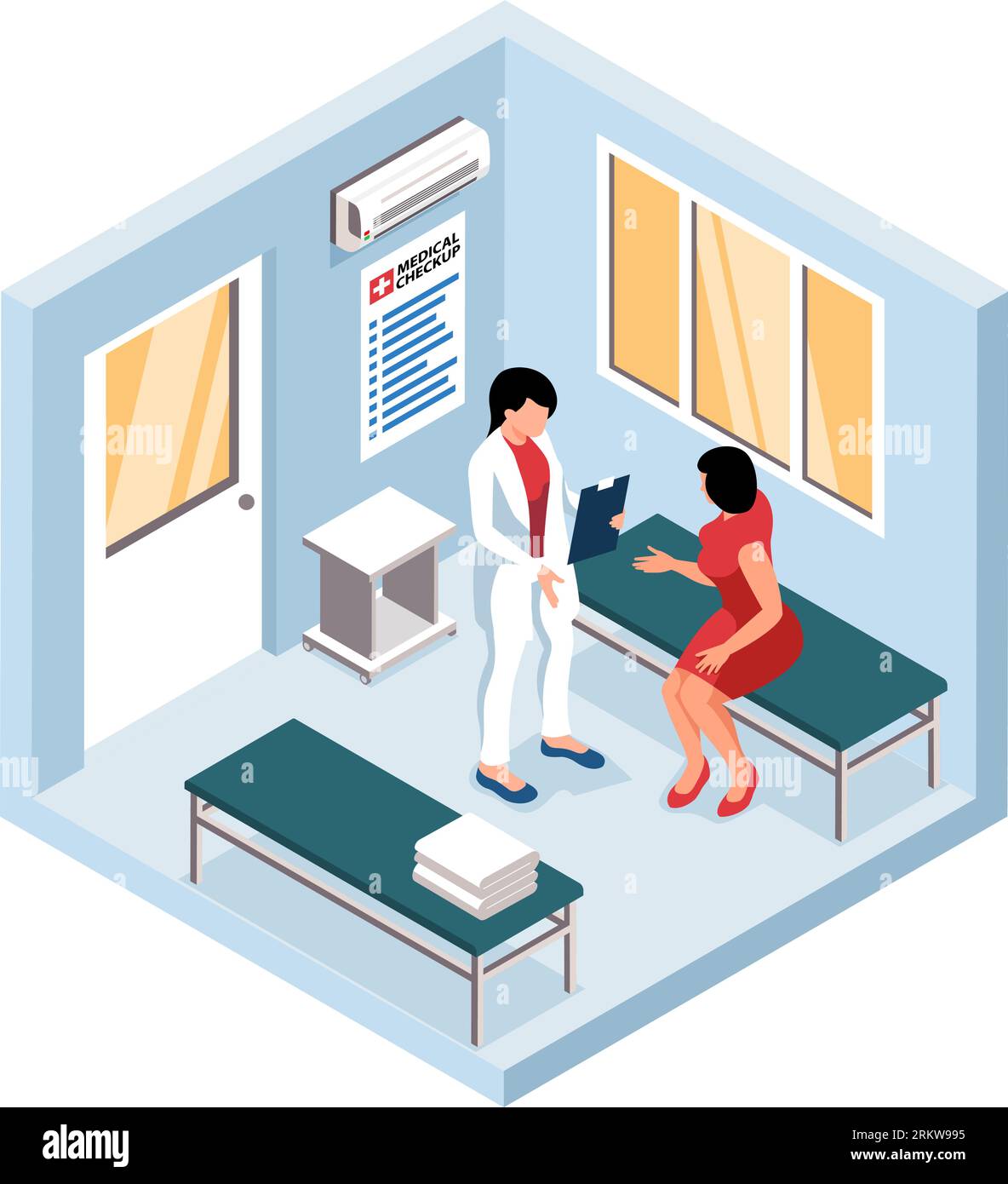 Woman having consultation with female therapist at hospital during health checkup 3d isometric