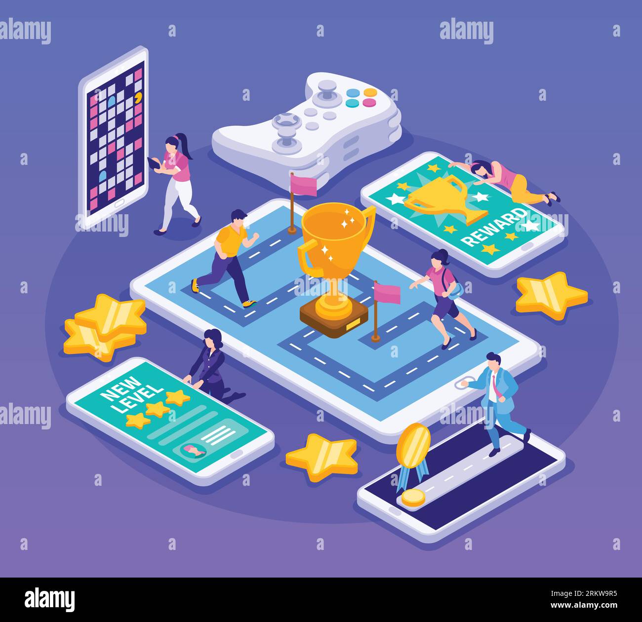 Gamification isometric composition with tiny people reaching goals playing games on gadgets vector illustration Stock Vector