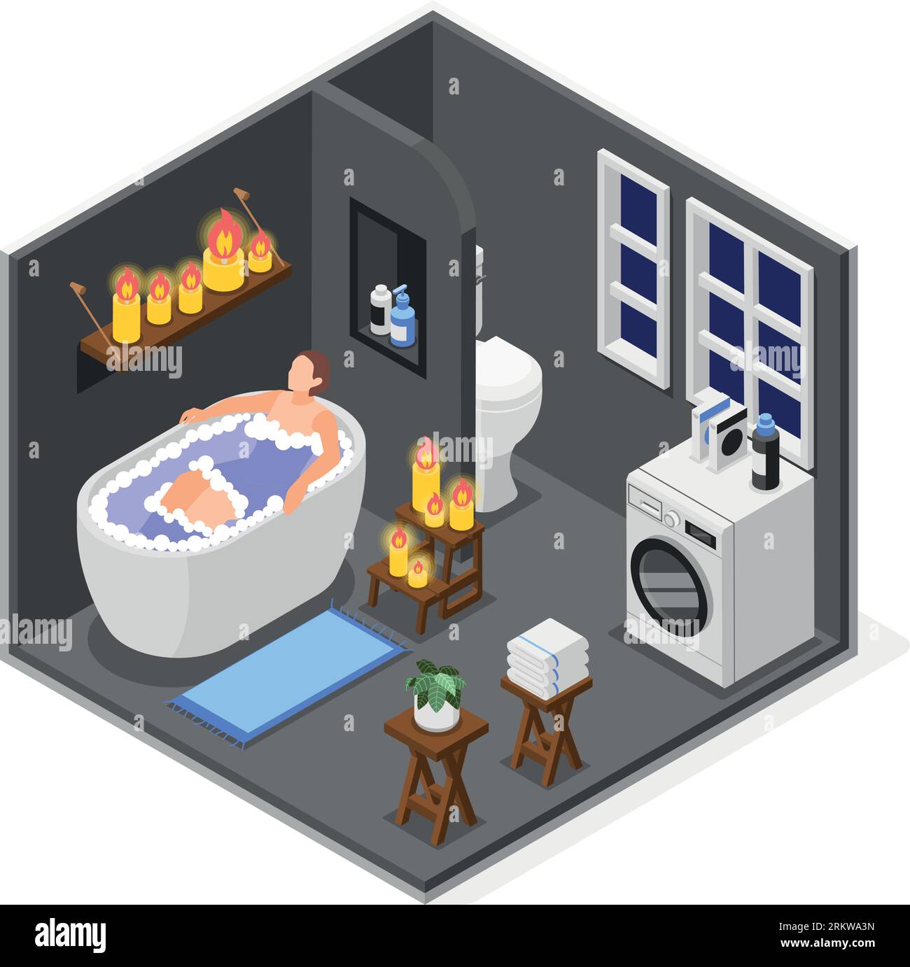 Power outage isometric home background with woman taking bath by