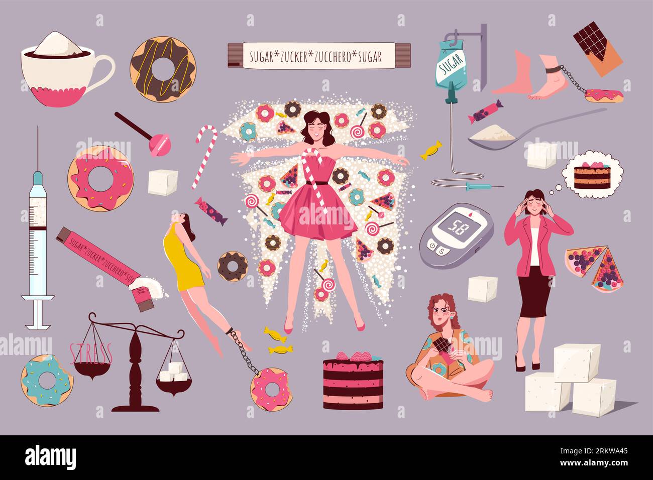 Sugar addiction set of addicted people and sweet things isolated on