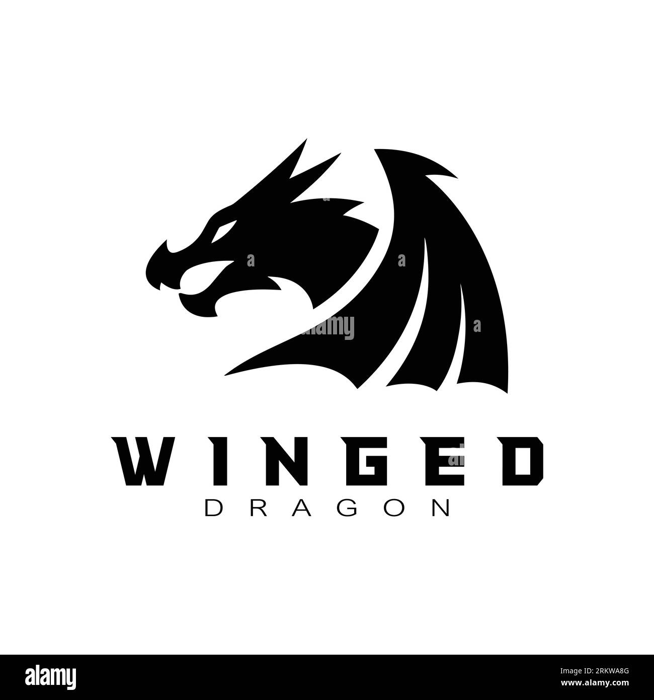 Dragon head wing wyvern silhouette logo design. Winged dragon vector icon in black and white color Stock Vector