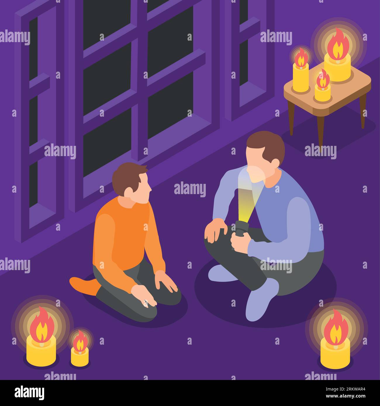 Power outage isometric background with father talking to his son 
