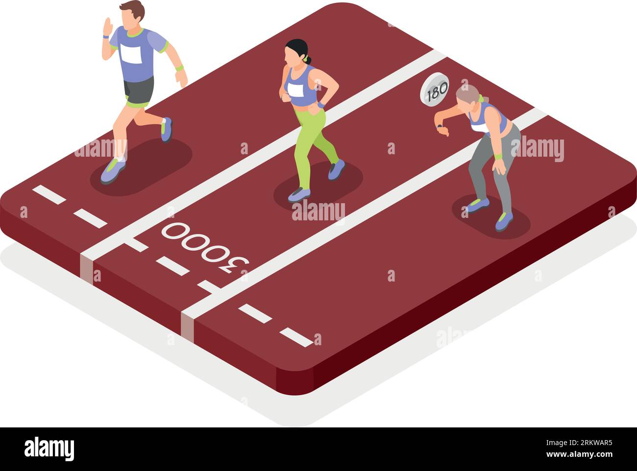 Marathon runners isometric object with two running athletes and girl stopped for measuring pulse