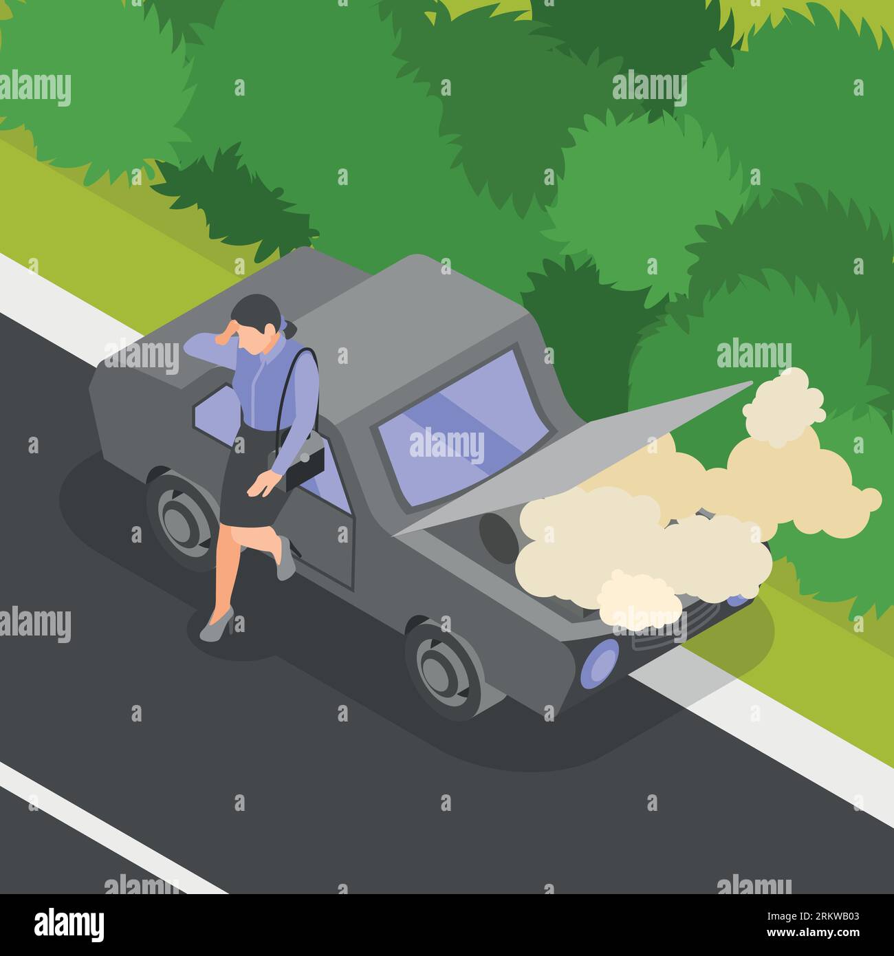 Traffic accident isometric background with unhappy woman character near