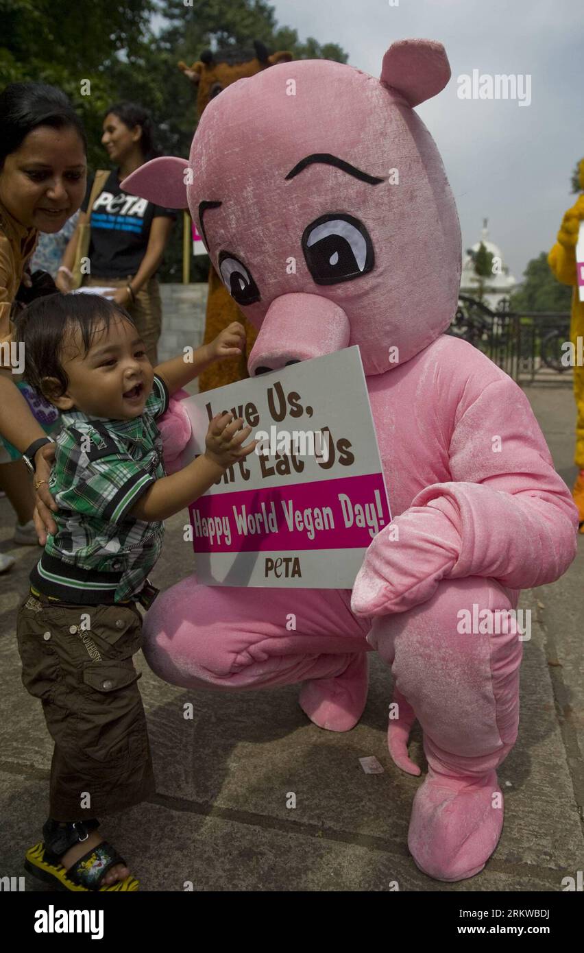 Bildnummer: 58657295  Datum: 01.11.2012  Copyright: imago/Xinhua (121101) -- CALCUTTA, Nov. 1, 2012 (Xinhua) -- An Indian activist of People for Ethical Treatment of Animals (PETA) dressed as pig interacts with a child during the demonstration against the consumption of meat, dairy and other products derived from animals on World Vegan Day in Calcutta, India, Nov. 1, 2012. (Xinhua/Tumpa Mondal) (zyw) INDIA-CALCUTTA-WORLD VEGAN DAY PUBLICATIONxNOTxINxCHN Gesellschaft Demo Tierschutz Vegan Veganer Peta xas x0x 2012 hoch      58657295 Date 01 11 2012 Copyright Imago XINHUA  Calcutta Nov 1 2012 XI Stock Photo