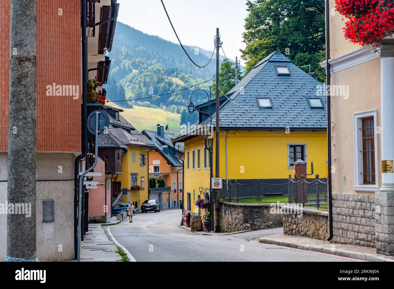 Tarvisio, Italy (25th August 2023) - The typical and historical Via Romana street in the center of the town Stock Photo