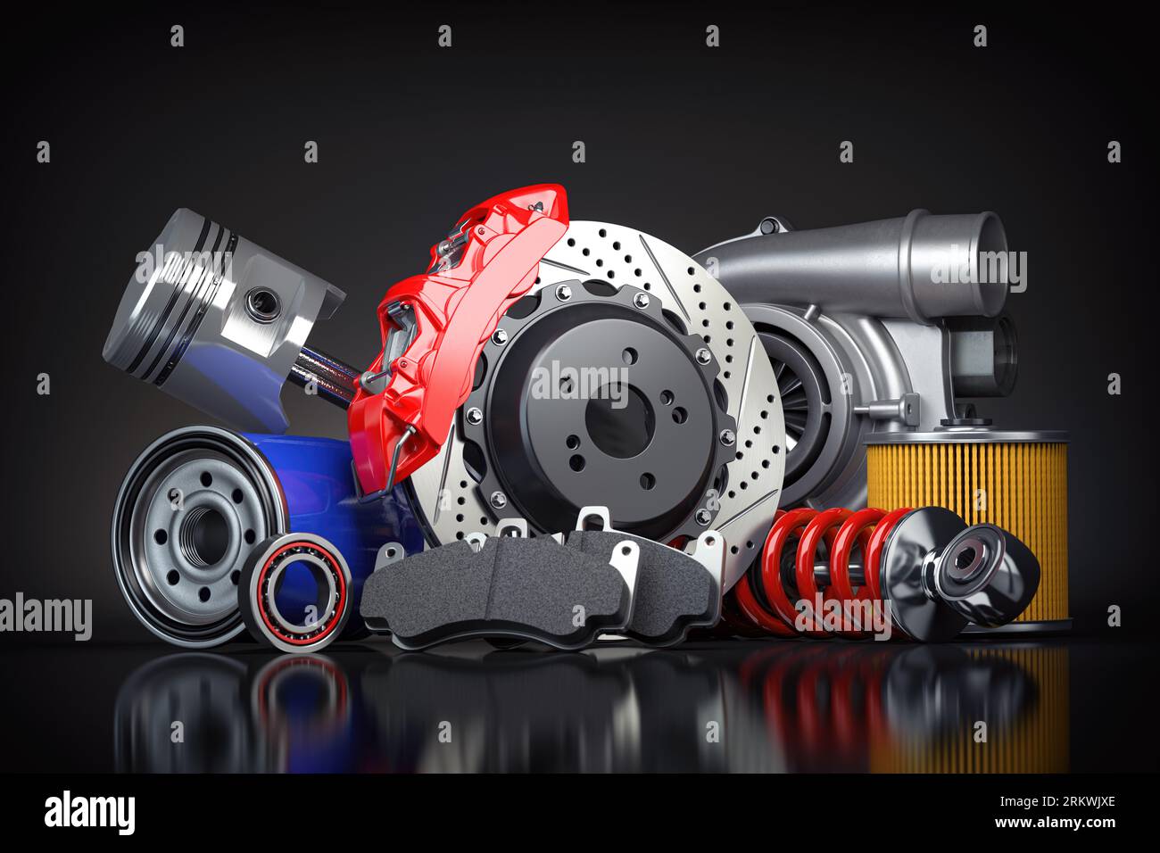 Car parts or auto car spare on a black backgound. 3d illustration Stock Photo