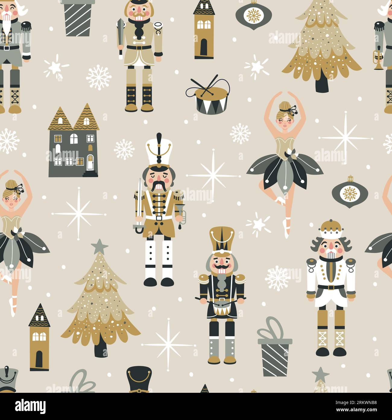 Seamless Christmas Pattern with Nutcrackers ballerina in Vector on beige. Stock Vector