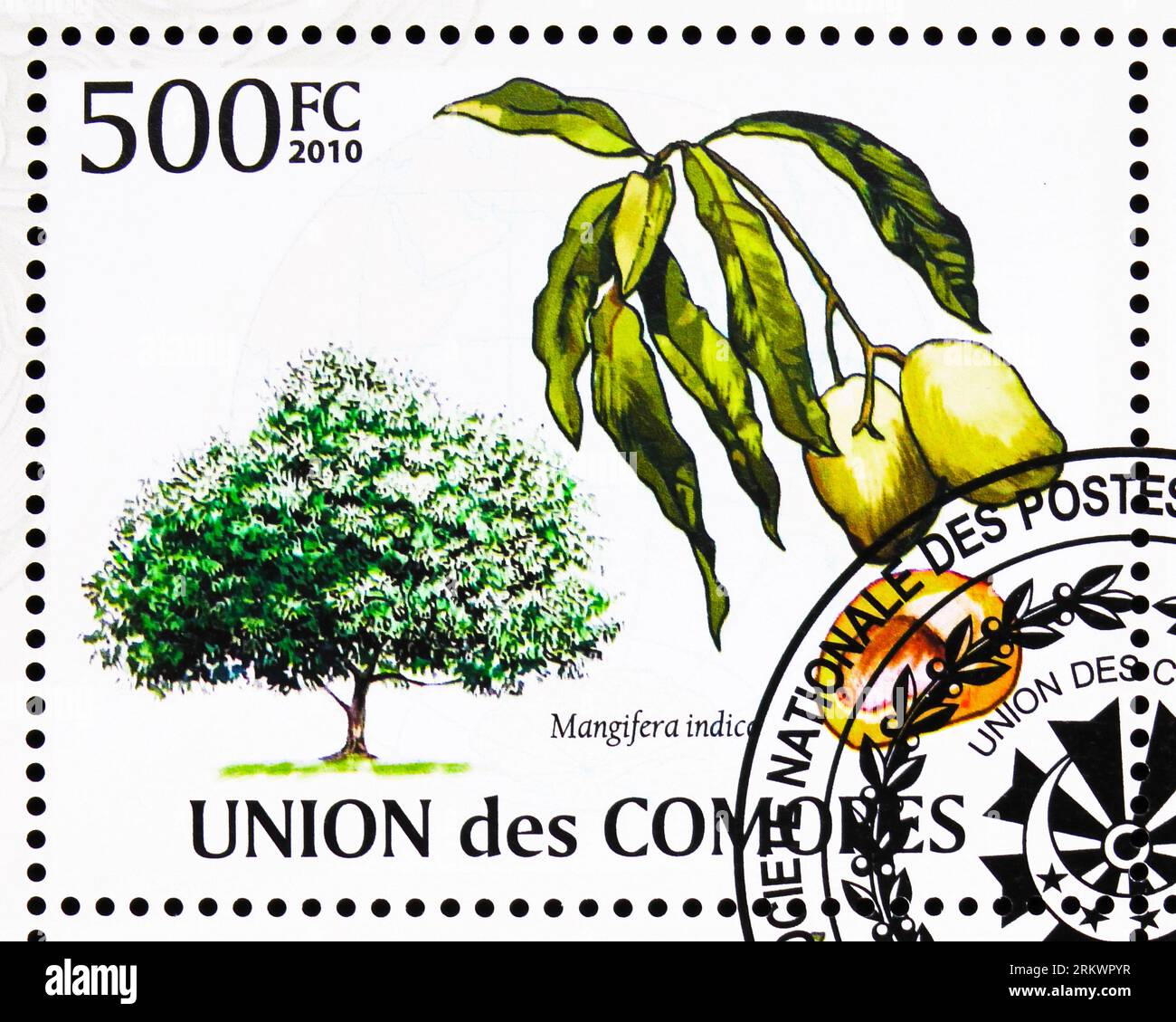 MOSCOW, RUSSIA - JULY 12, 2022: Postage stamp printed in Comoros shows Mango (Mangifera indica), Fruits serie, circa 2009 Stock Photo