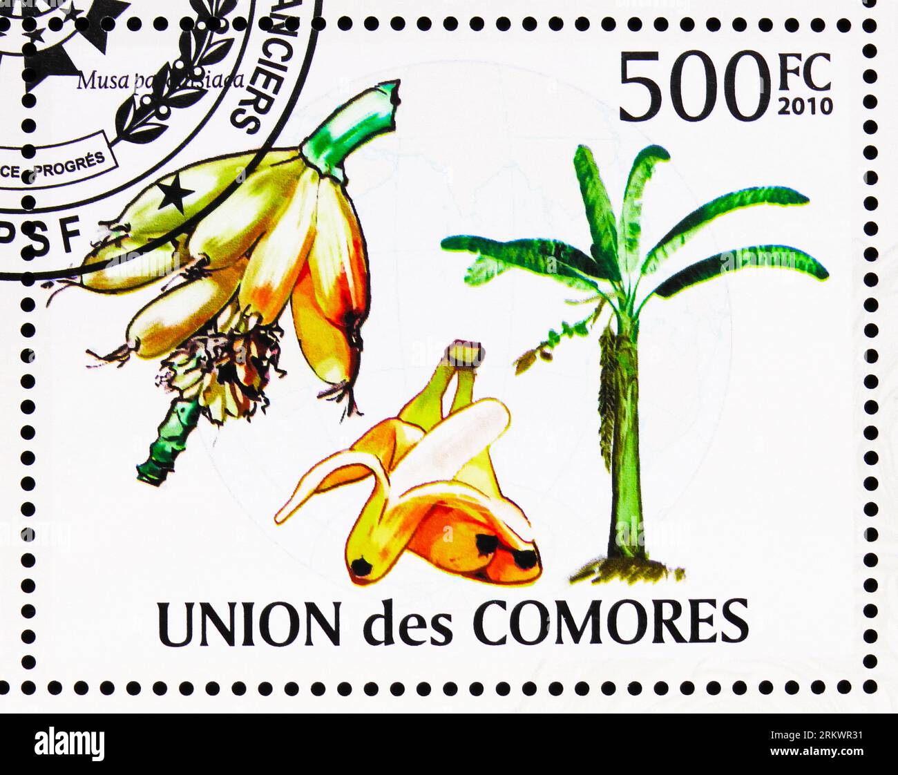 MOSCOW, RUSSIA - JULY 12, 2022: Postage stamp printed in Comoros shows Bananas (Musa sapientum fixa), Fruits serie, circa 2009 Stock Photo