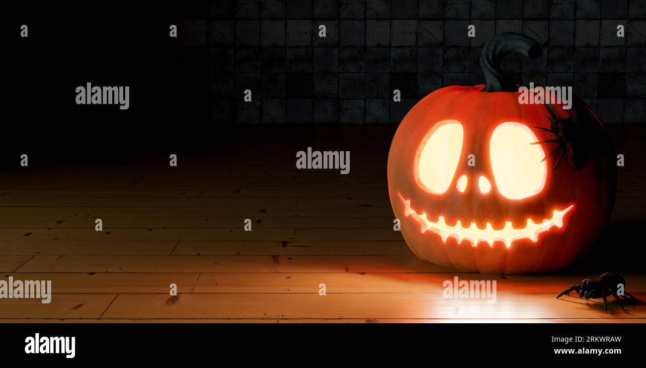 Spooky halloween background. Halloween Pumpkins In Spooky dark room At Night. Gloomy room with haunted evil glowing eyes of Jack O' Lanterns on scary Stock Photo