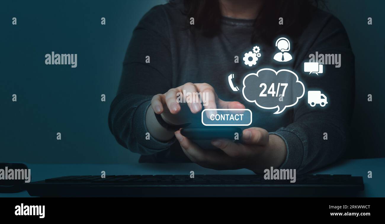 Woman use smartphone for 24-7 nonstop and full-time available service. Assistance customer support hotline people connect. Feedback, business. Stock Photo