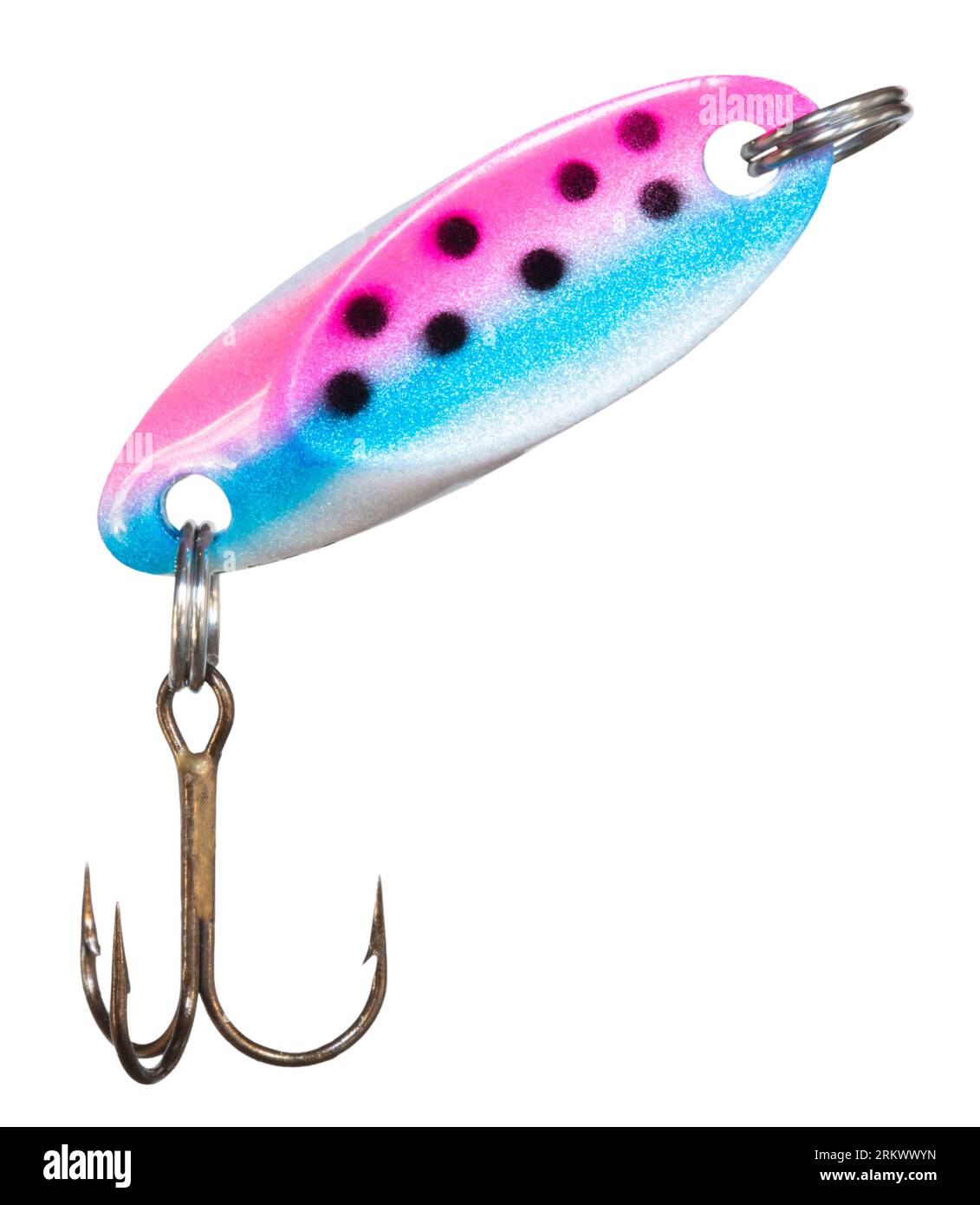 White, blue and pink fishing lure with spots and a single treble