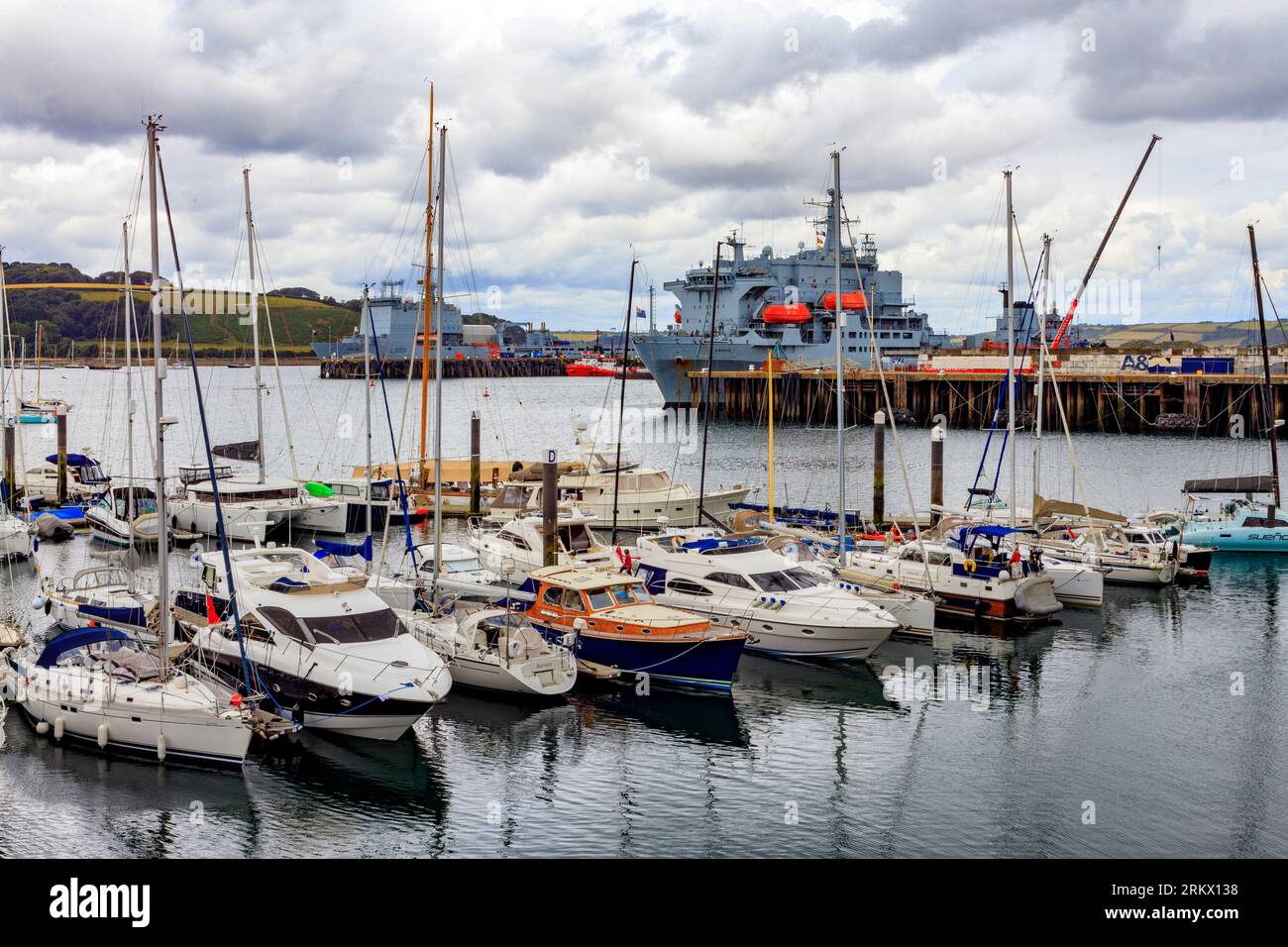 The Naval Dockyard and River Fal pleasure craft pontoons in Falmouth, Cornwall, England, UK Stock Photo