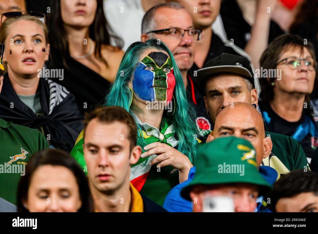 LONDON, UNITED KINGDOM. 25st, Aug 23. A South African supporter fan painted her face with South African Flag during Qatar Airways Cup - Springboks v All Blacks at Twickenham Stadium on Friday, 25 August 2023. LONDON ENGLAND.  Credit: Taka G Wu/Alamy Live News Stock Photo