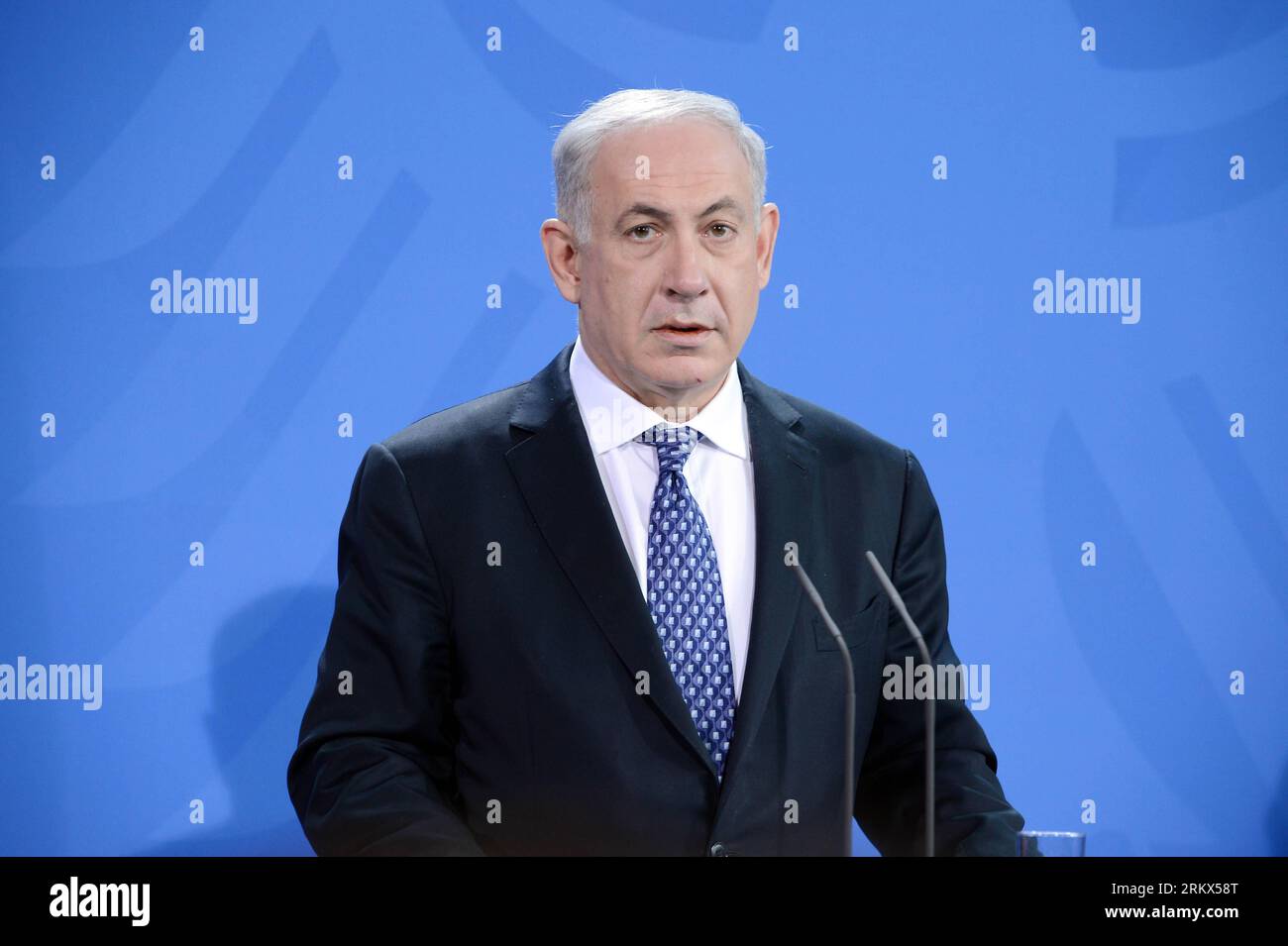 Bildnummer: 58891168  Datum: 06.12.2012  Copyright: imago/Xinhua (121206) -- BERLIN, Dec. 6, 2012 (Xinhua) -- Israeli Prime Minister Benjamin Netanyahu attends a joint press conference with German Chancellor Angela Merkel (not in the picture) after their meeting in Berlin, Germany, Dec. 6, 2012. Germany and Israel said on Thursday that their special and strategic relations could hardly be affected by their differences over the new Jewish settlement plans. (Xinhua/Goncalo Silva) GERMANY-ISRAEL-DIPLOMACY-JEWISH SETTLEMENT-PLANS PUBLICATIONxNOTxINxCHN People Politik PK Pressetermin Porträt Regier Stock Photo