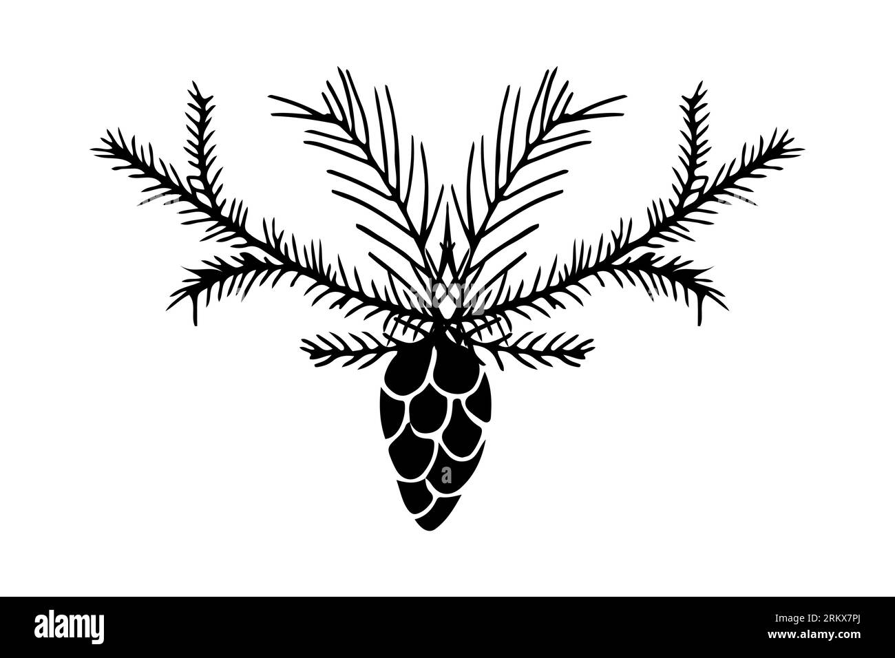Pine cone and pine tree branch in doodle style isolated on white ...