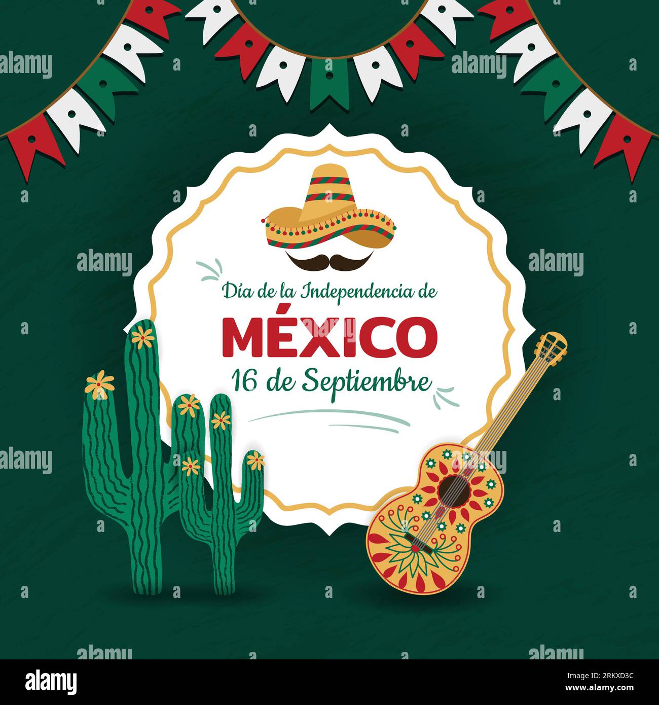 Mexico Independence Day Poster September 16 Celebration Vector Illustration. Mexican Flag Decoration, Cactus, Guitar and Sombrero Hat. Social media po Stock Vector