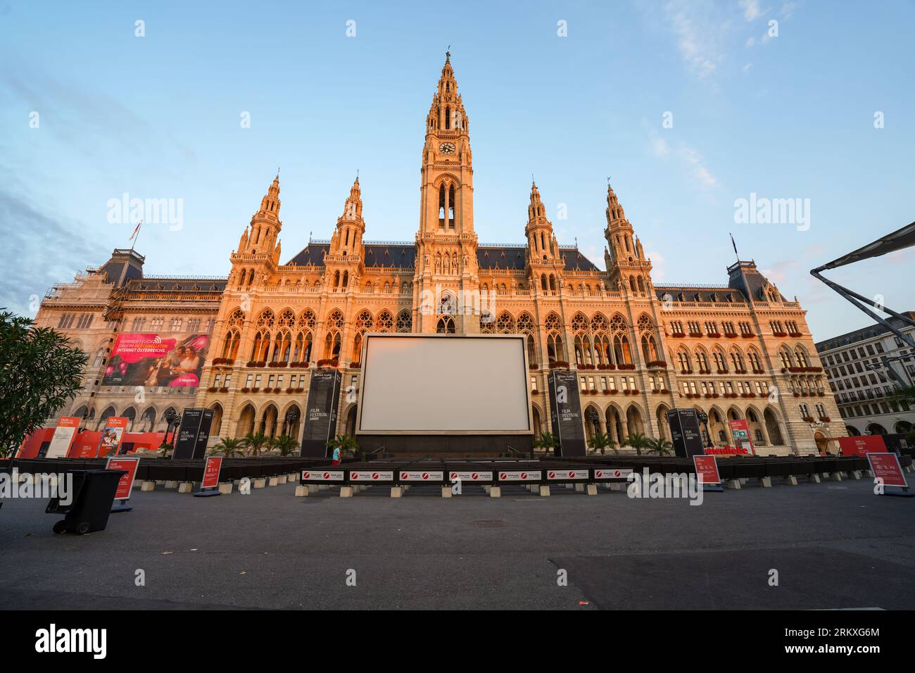 Vienna, Austria, Europe - May 26, 2023. Vienna Film Festival at the Rathaus, the City Hall in Rauthausplatz Square with a large outdoor movie screen. Stock Photo