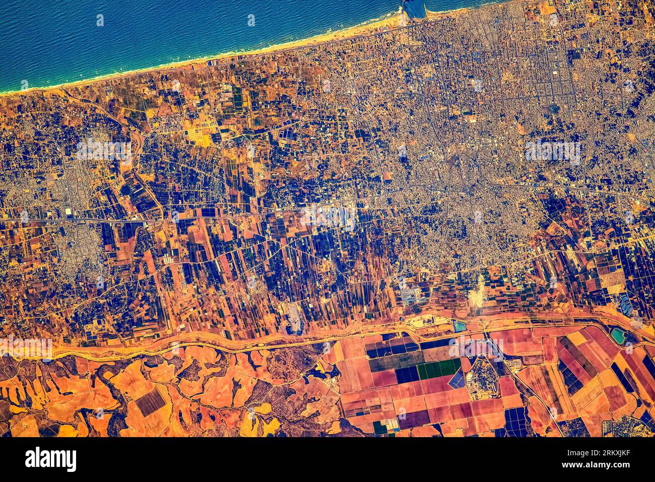 Urban settlement in the Middle East. Egypt or Israel. Possibly the Gaza Strip. Digital enhancement of an image by NASA. Stock Photo