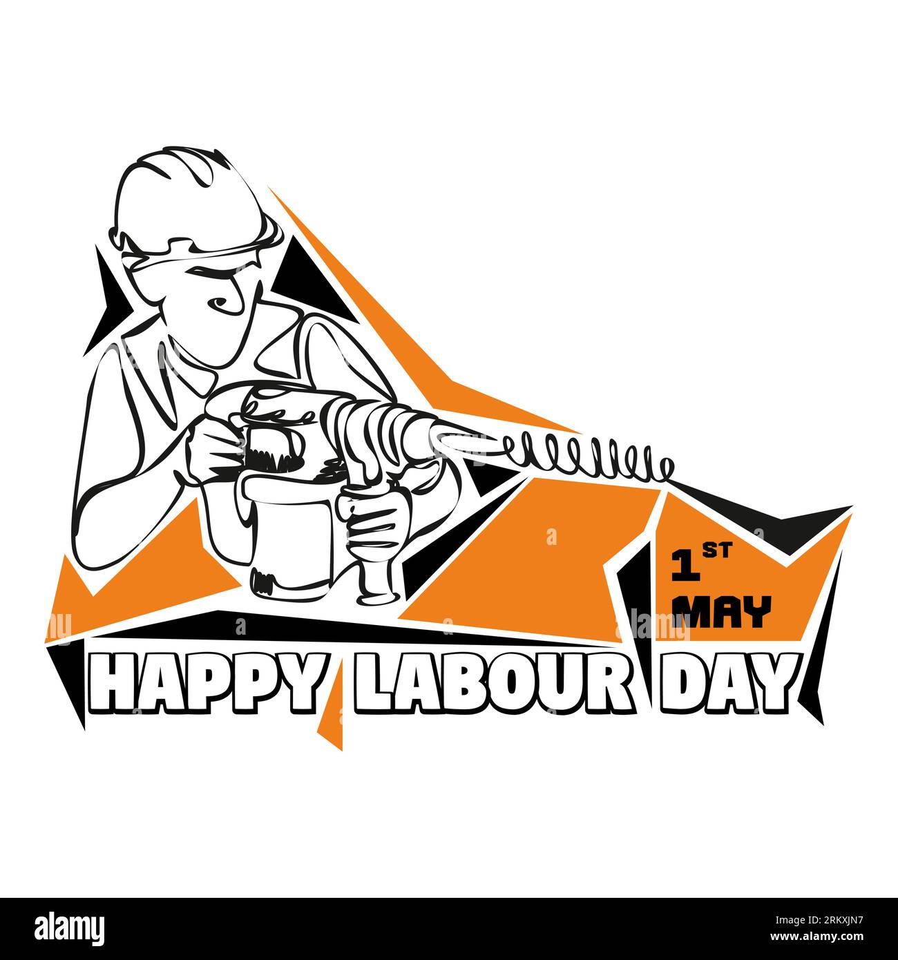 A man builder in a helmet with a drill. Isolated vector object by hand on a white background Stock Vector