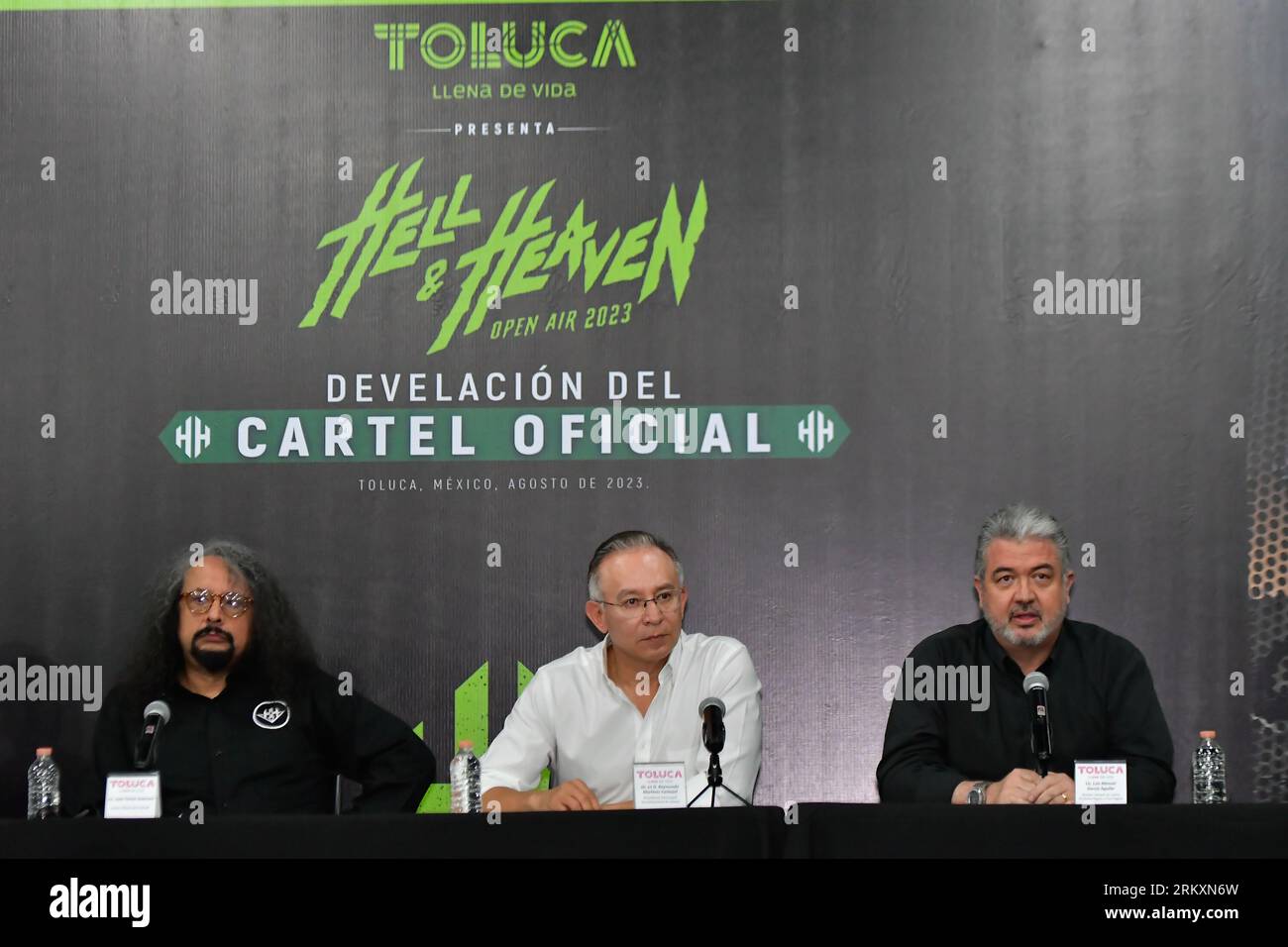August 24, 2023 Toluca , Mexico : Juan Carlos Guerrero, Official Spokesperson for Hell and Heaven Festival, Raymundo Martinez Carbajal, Mayor of Toluca, Luis Manuel García Aguilar, General Director of Centro Dinámico Pegaso, during a press conference where they officially presented the poster for the Hell and Heaven Open Air 2023 music festival, which will take place at the Pegaso Dynamic Center in the city of Toluca from November 3 to 5, 2023. on August 24, 2023 in Toluca, México. (Photo by Arturo Hernández / Eyepix Group/Sipa USA) Stock Photo