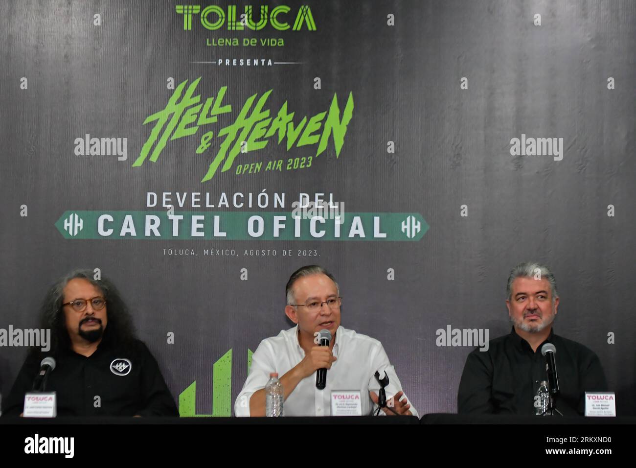 August 24, 2023 Toluca , Mexico : Juan Carlos Guerrero, Official Spokesperson for Hell and Heaven Festival, Raymundo Martinez Carbajal, Mayor of Toluca, Luis Manuel García Aguilar, General Director of Centro Dinámico Pegaso, during a press conference where they officially presented the poster for the Hell and Heaven Open Air 2023 music festival, which will take place at the Pegaso Dynamic Center in the city of Toluca from November 3 to 5, 2023. on August 24, 2023 in Toluca, México. (Photo by Arturo Hernández / Eyepix Group/Sipa USA) Stock Photo