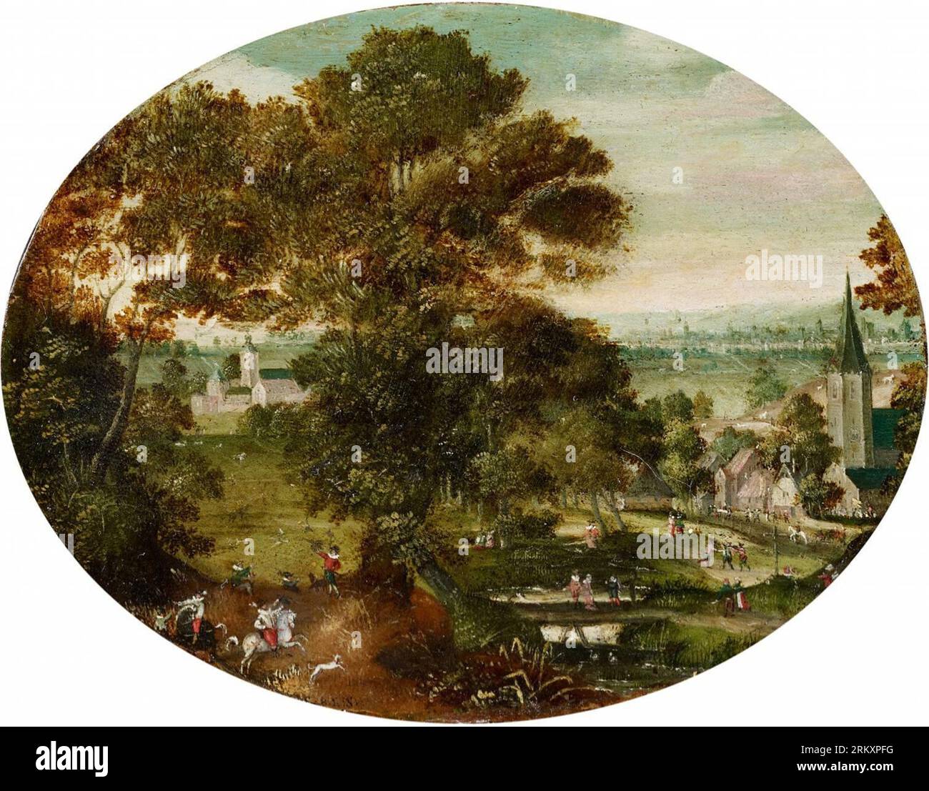 Village landscape with hunters between 1580 and 1603 by Jacob Savery Stock Photo