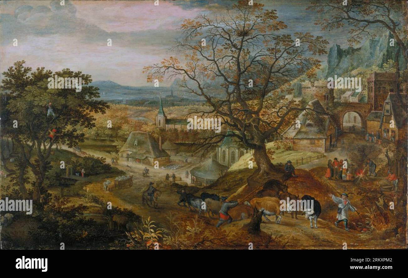 Landscape with Village: 'Autumn' circa 1600 by Jacob Savery Stock Photo
