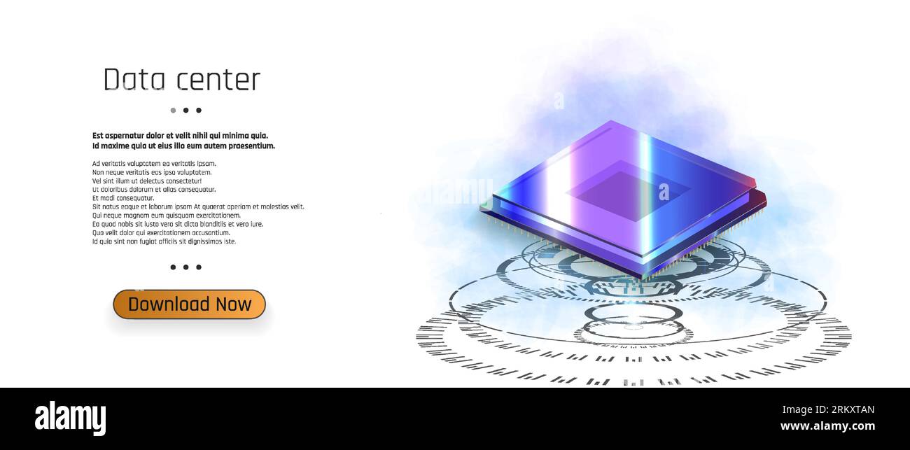 Futuristic microchip processor with lights on the blue background. Quantum computer, computer processor with digital chip and electronic components on Stock Vector