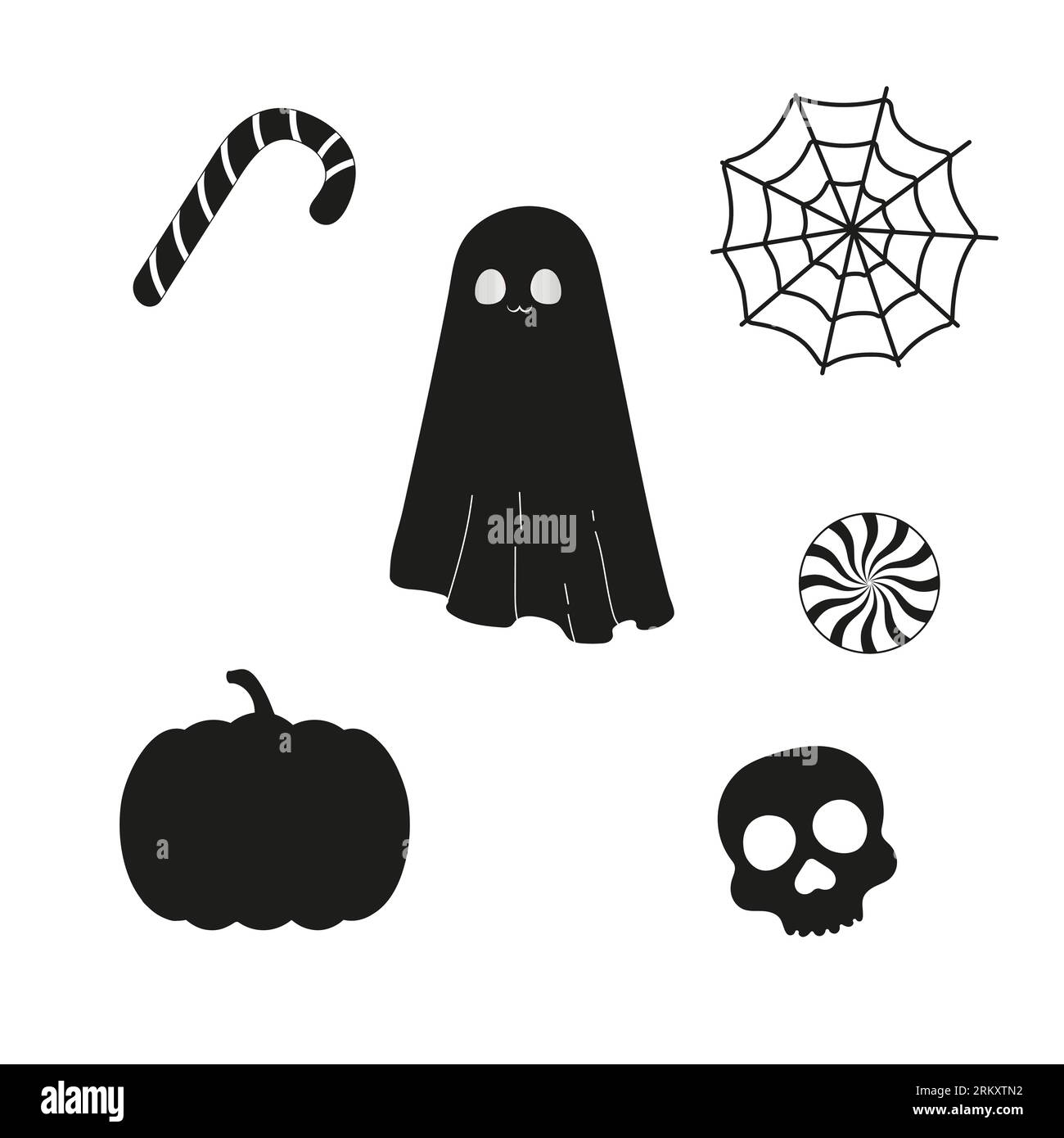 Halloween silhouette multichrome black, ghost, candy canes, skull, spider web . Vector illustration Stock Vector