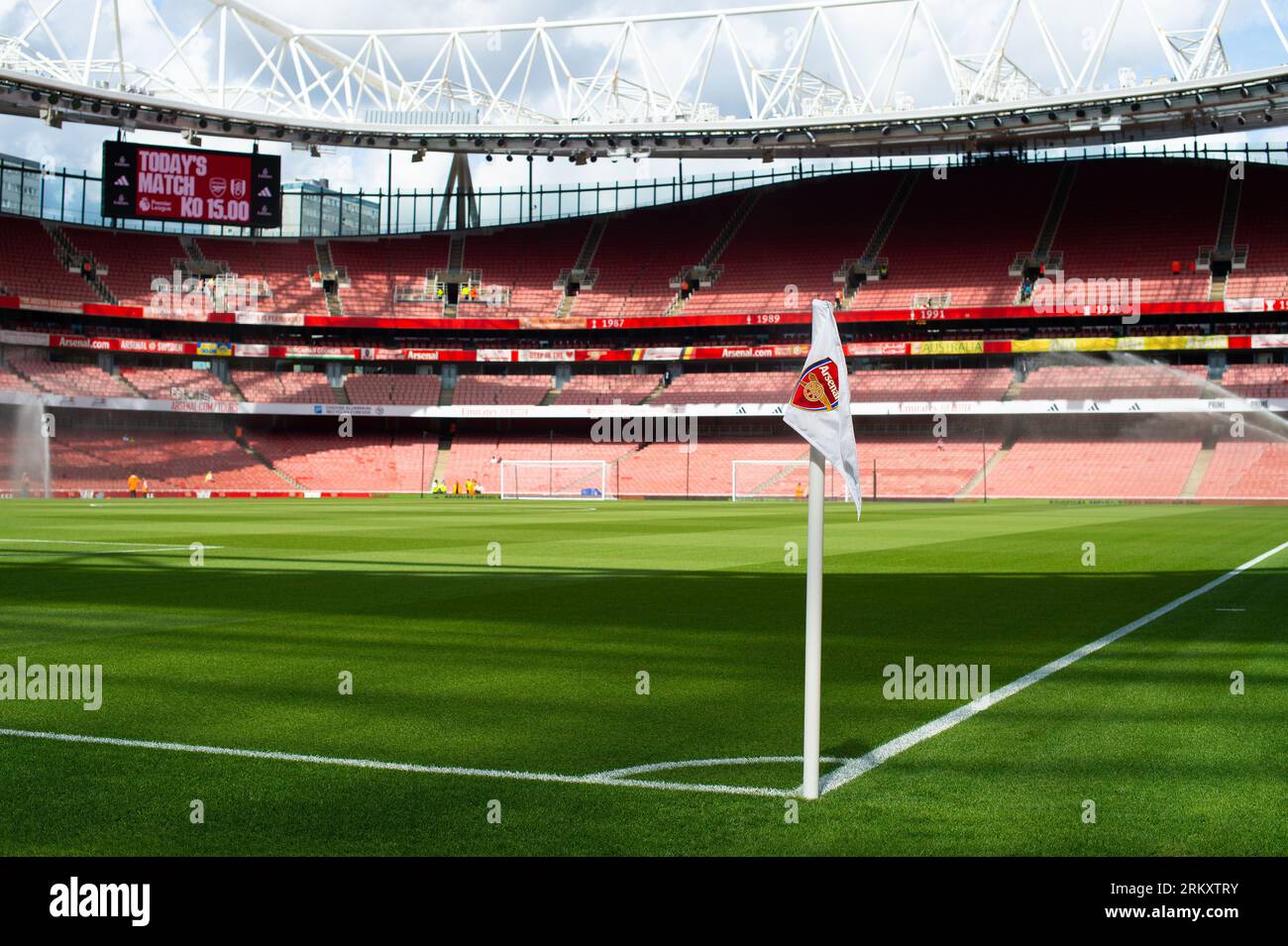 Emirates Stadium, London, UK. 26th Aug, 2023. Premier League Football, Arsenal versus Fulham; Corner flag featuring the Arsenal crest Credit: Action Plus Sports/Alamy Live News Stock Photo