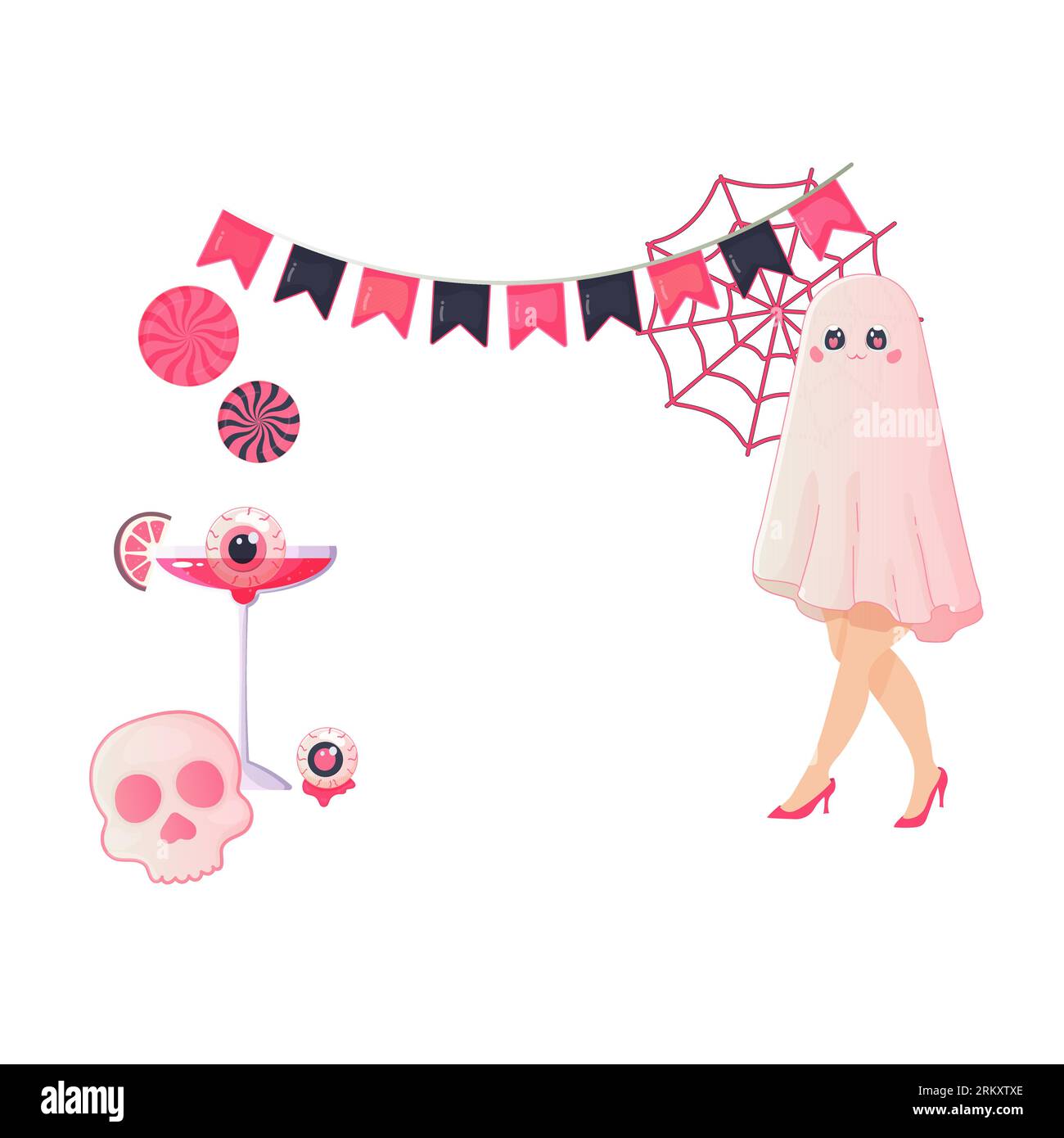 Halloween frame pink, party, ghost girl and cocktail . Vector illustration Stock Vector