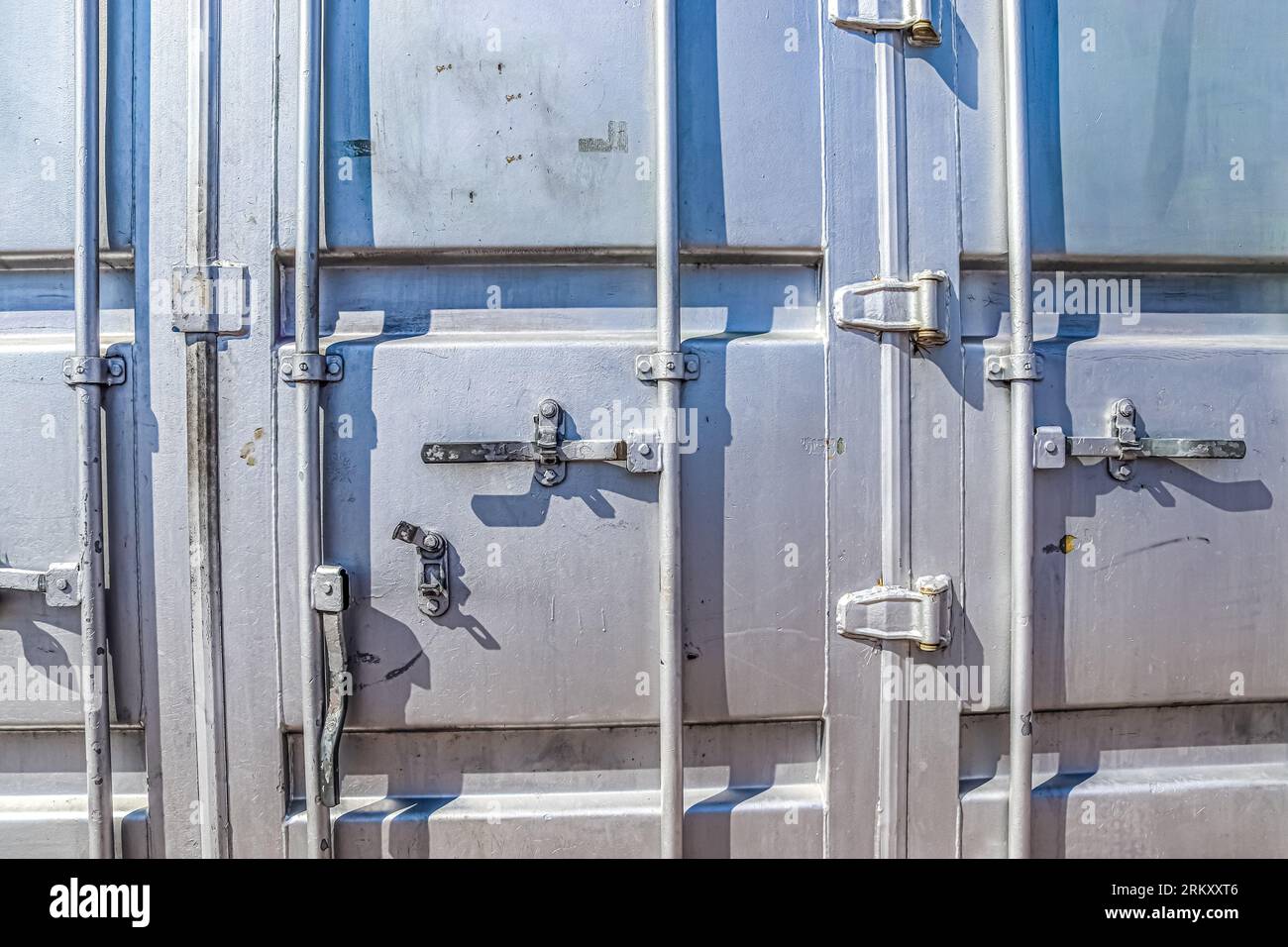 Detailed Close Up View On Metal And Steel Surfaces On A Silver Cargo Containter Stock Photo