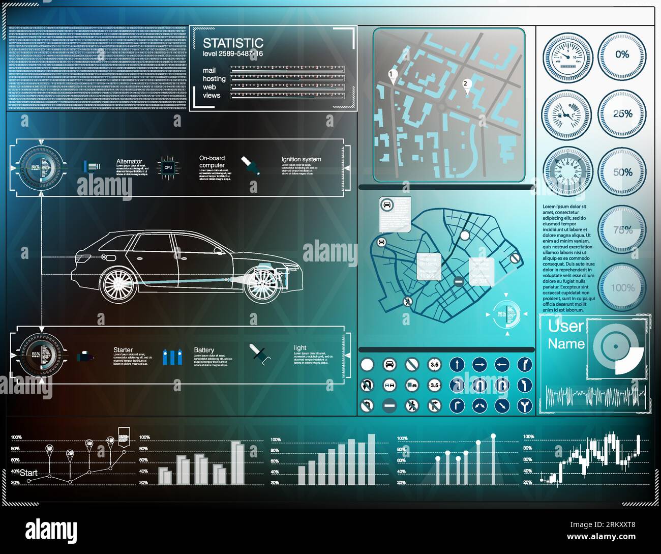 Car Auto Service, Modern Design HUD, Diagnostic Auto infographic.  Futuristic User Interface. Virtual Graphical Interface in Modern Style  (FUI, Auto Scanning, Analysis and Diagnostics) HUD Auto Repair Stock Vector