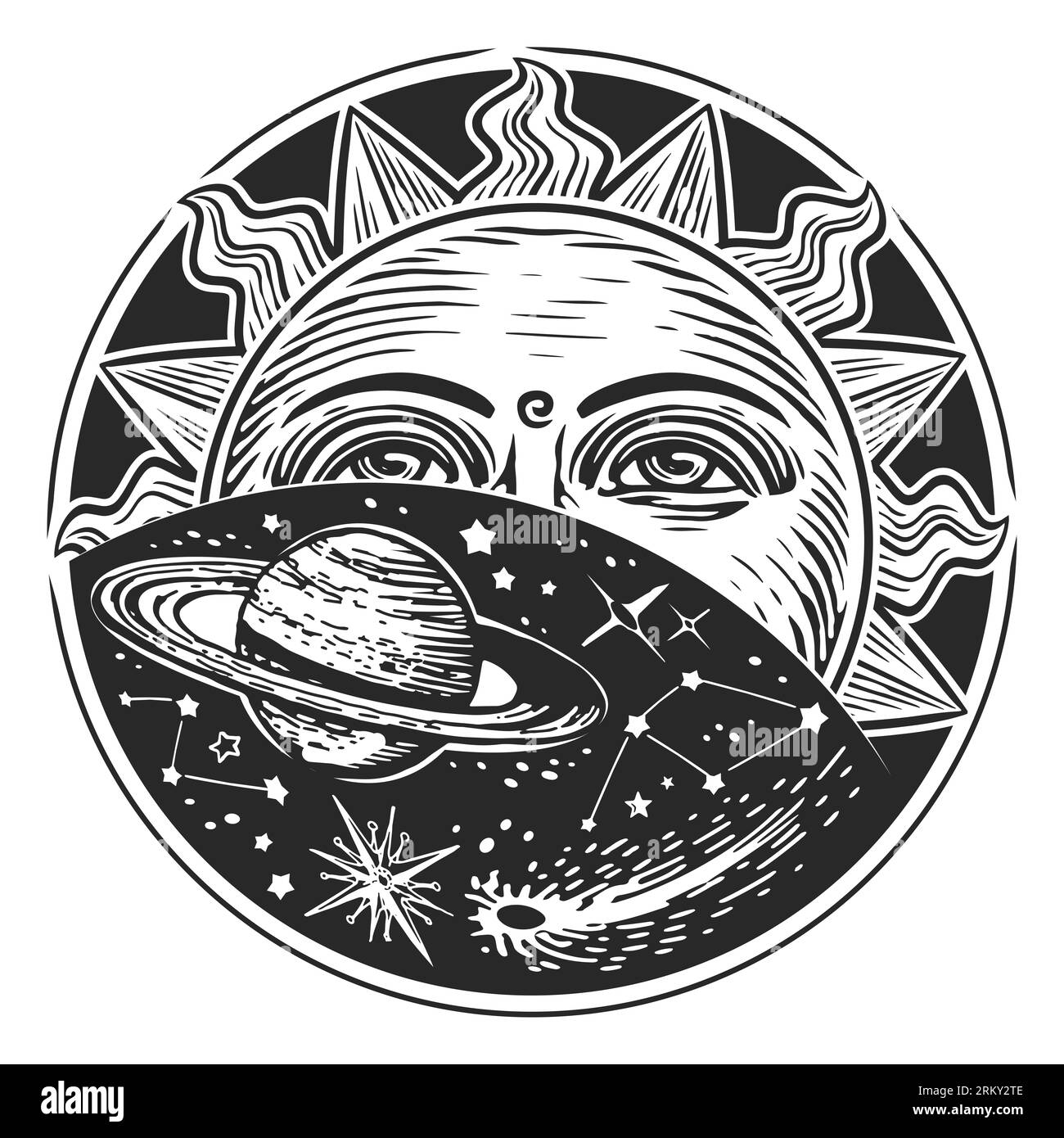 Space exploration, astronomy concept. Sun, stars and planets. Vintage illustration engraving style Stock Photo