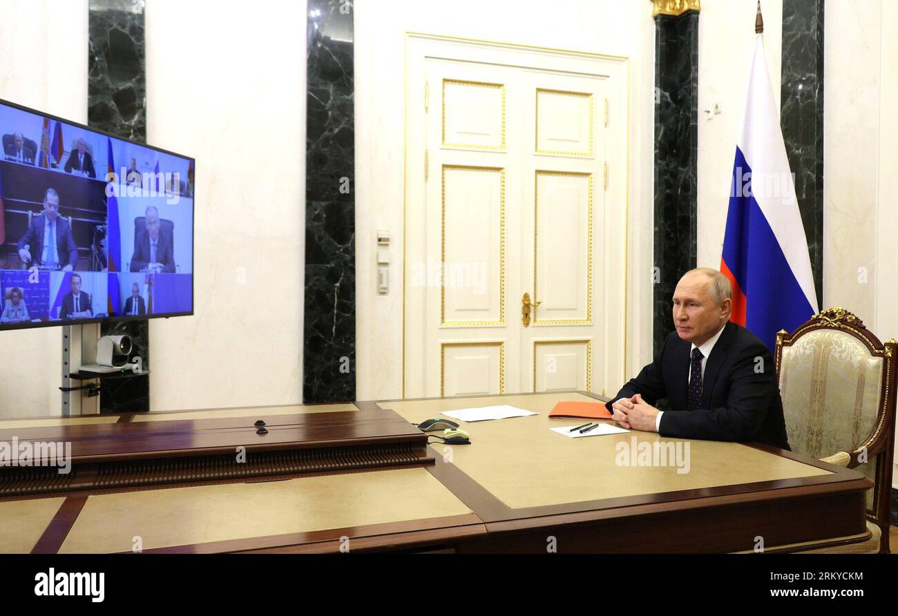 Moscow, Russia. 25th Aug, 2023. Russian President Vladimir Putin chairs a meeting with members of the Security Council via a video conference from the Kremlin, August 25, 2023 in Moscow, Russia. Credit: Mikhail Klimentyev/Kremlin Pool/Alamy Live News Stock Photo