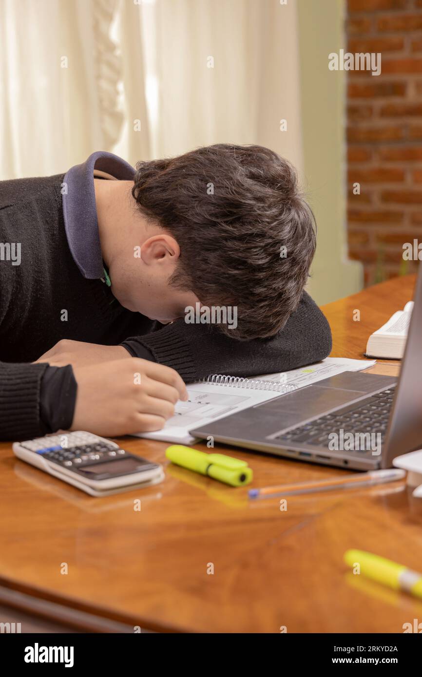 Frustrated student boy, studying in front of a laptop. Stock Photo