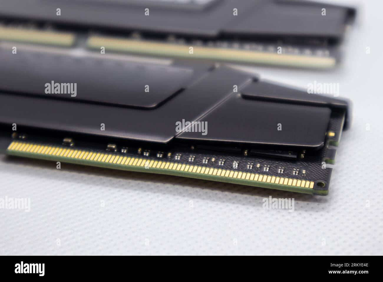 DDR4 DRAM memory modules. Computer RAM chip close-up on white. Desktop PC memory parts for assemble Stock Photo