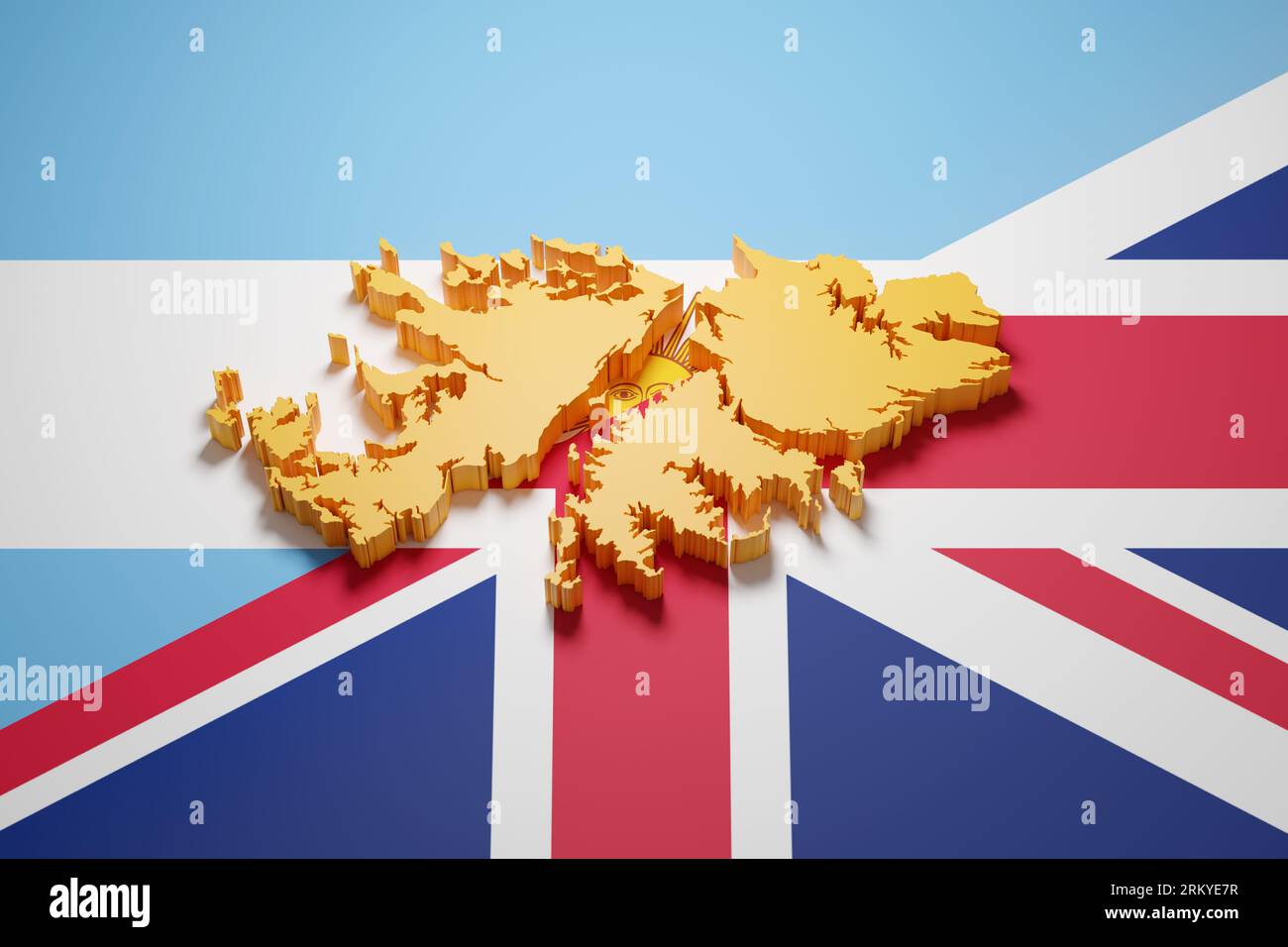 Map of the Falkland Islands in three dimensions on the flags of Argentina and the United Kingdom. 3d illustration. Stock Photo