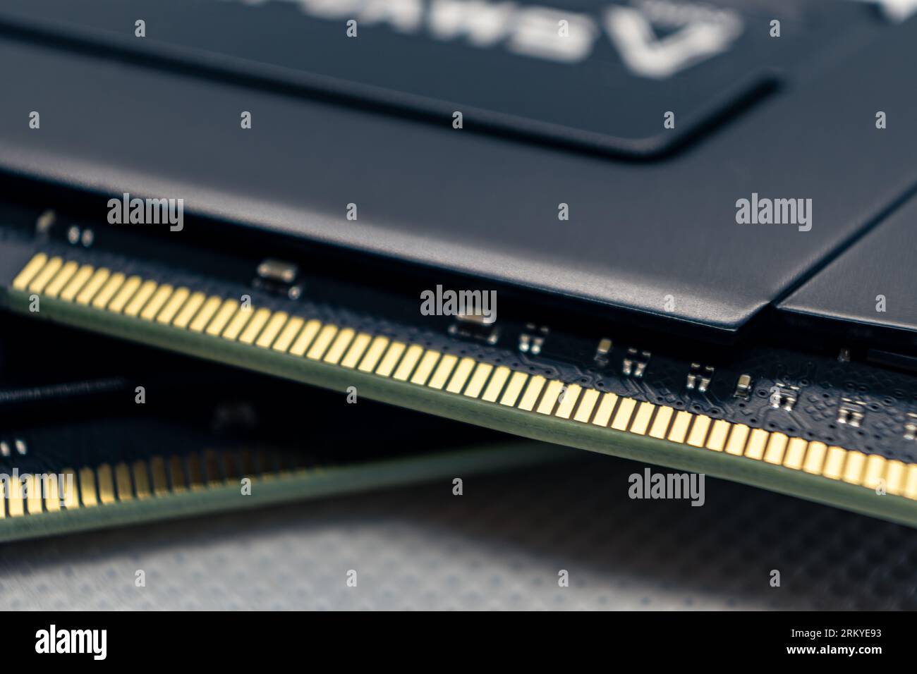 DDR4 DRAM memory modules. Computer RAM chipset close-up. Desktop PC memory parts for assemble Stock Photo