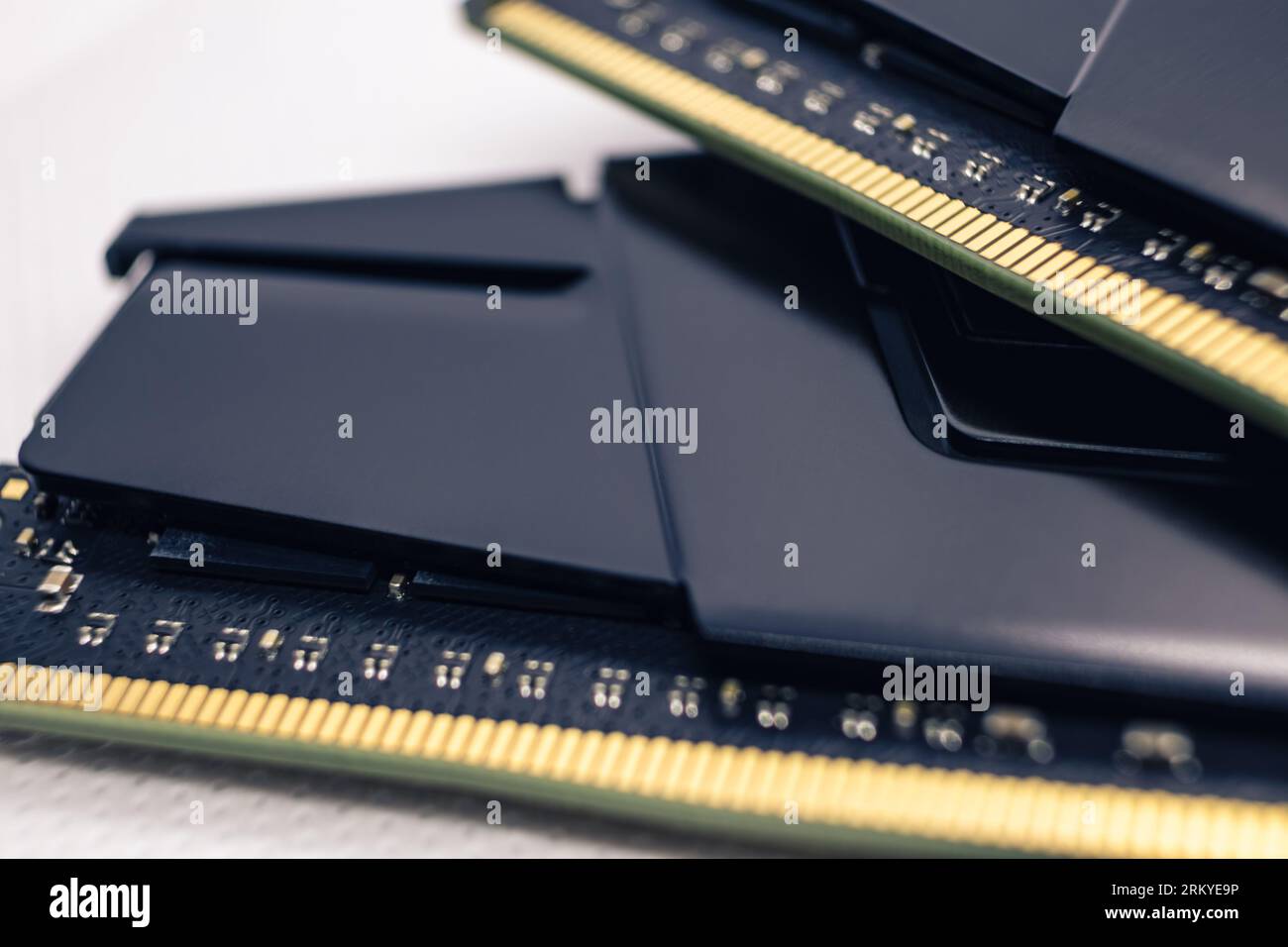 DDR4 DRAM memory modules electrical contact macro. Computer RAM chipset close-up. Desktop PC hardware components Stock Photo