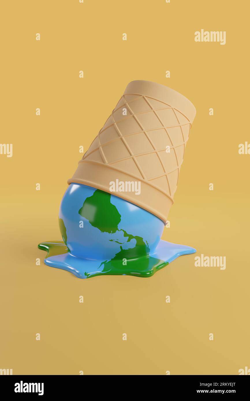 Melted ice cream in the shape of planet earth fallen to the ground. Global warming concept. 3d illustration. Stock Photo