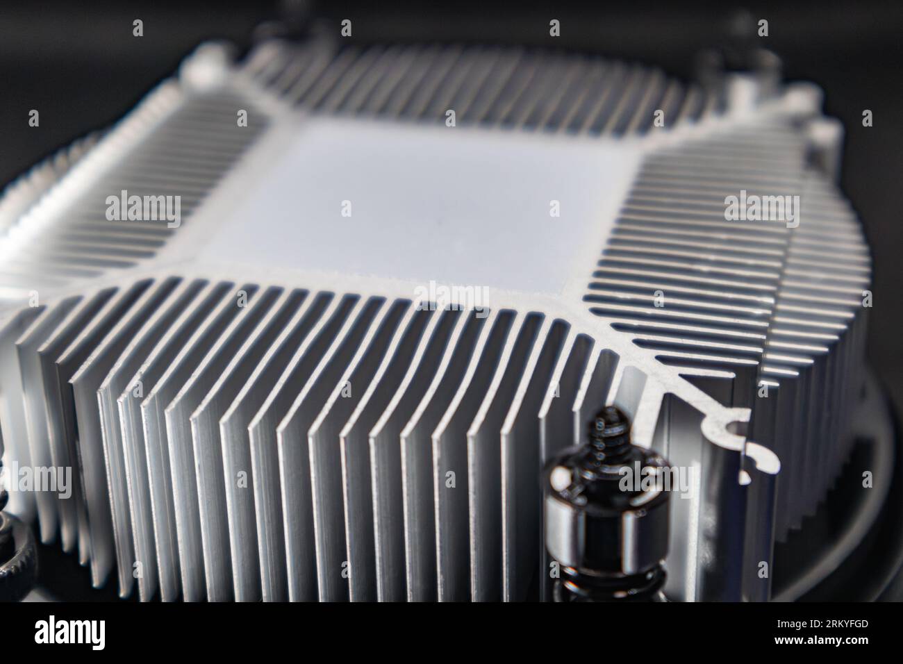 Desktop PC round CPU unit cooling system radiator, motherboard close-up ...