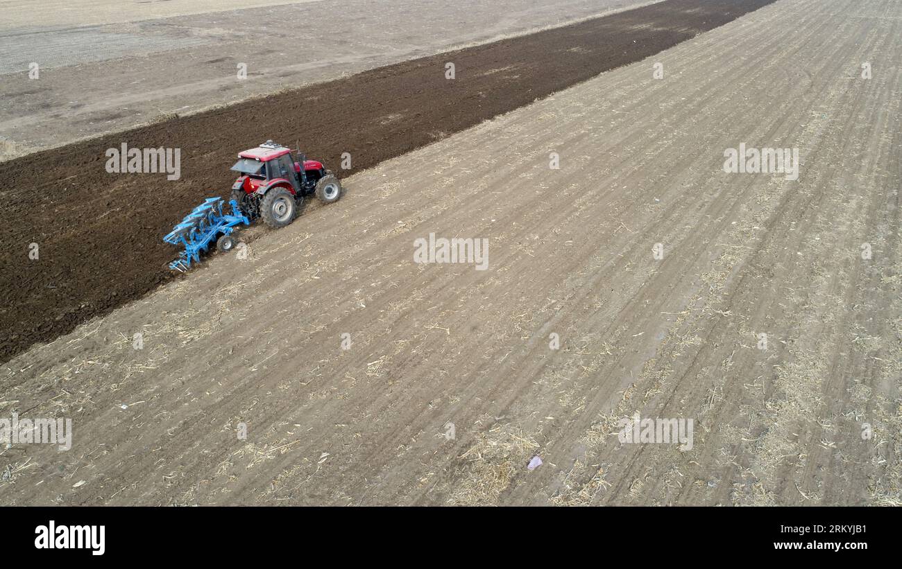 Farmers flatten their land with turning ploughs for spring ploughing