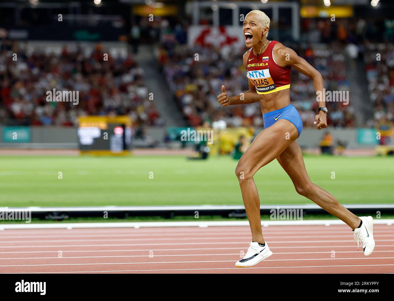 Budapest. 25th Aug, 2023. Yulimar Rojas of Venezuela celebrates after